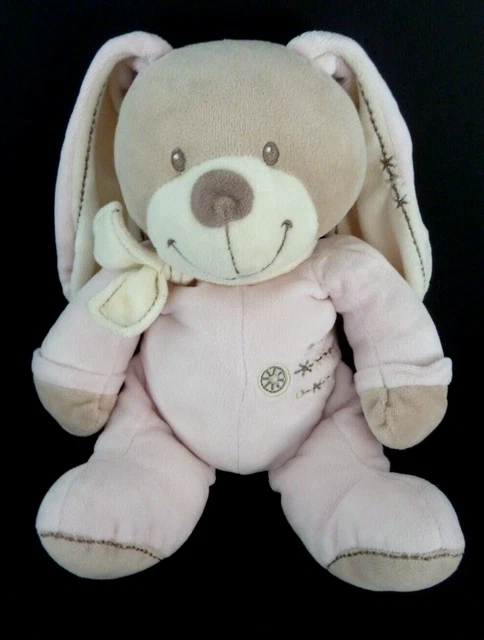 *. DOUDOU PELUCHE NICOTOY LAPIN rose blanc beige écharpe croix rond 30c TTBE