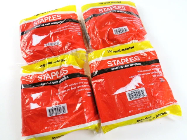Coin Wrapper Tubes, 4 Pkgs. of 150 Mixed Sizes, Lot of 600 Total, Staples Brand