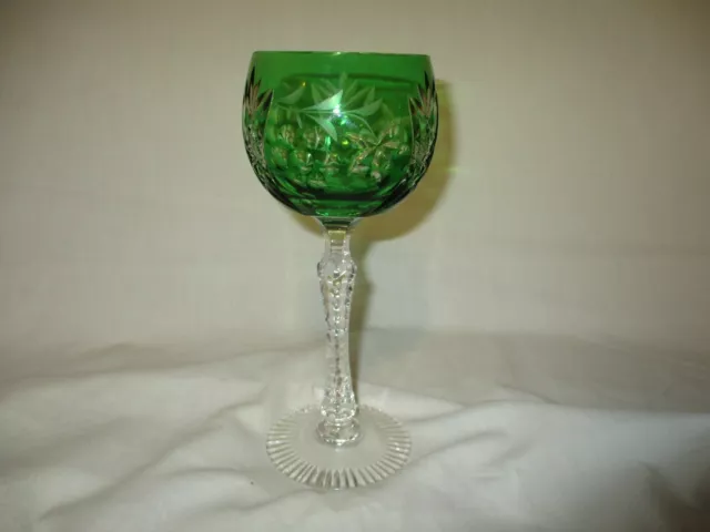 Vintage Czech Bohemian  Green Cut To Clear Crystal Wine Glass
