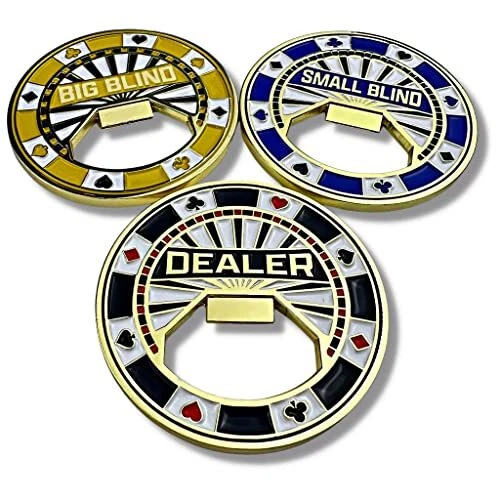 Set of 3 Metal Bottle Opener Poker Buttons - Dealer Button, Big Blind and