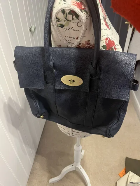 large navy blue grained leather shoulder bag  large Lap Top