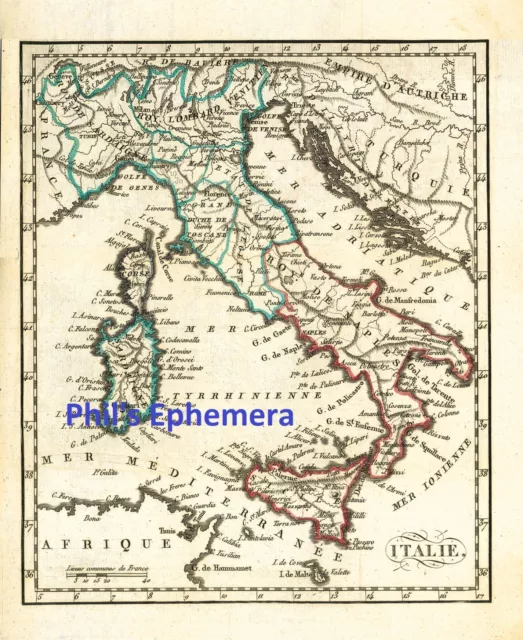 1819 Italy Sicily Sardinia Corsica Antique French Map Reproduction 14" x 11.5"