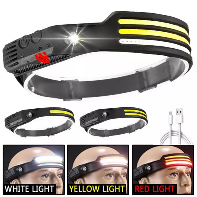 Waterproof COB-LED Motion Sensor Head Torch Headlight USB Rechargeable Headlamp