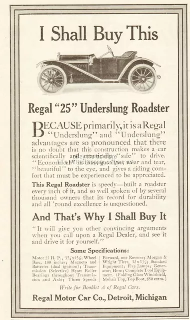 1912 Regal Motor Car Co Detroit MI 25 Underslung Roadster Antique Automobile Ad