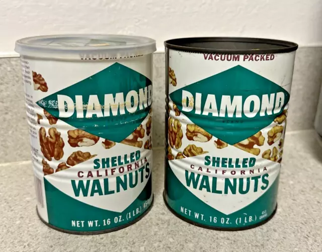 NICE!!! Lot Of 2 Vintage Diamond Shelled Walnuts Tin 16 Oz Collectable