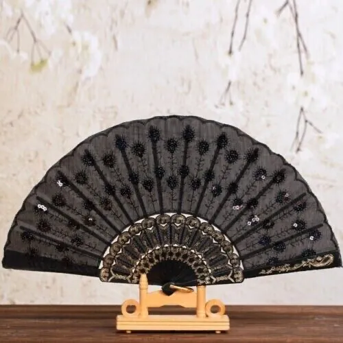 Floral Black Hand Fan Spanish Fabric Portable Held Folding Party Wedding Xmas UK