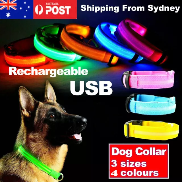 USB Rechargeable LED Dog Collar Nylon Glow Flashing Light Up Safety Pet Collars