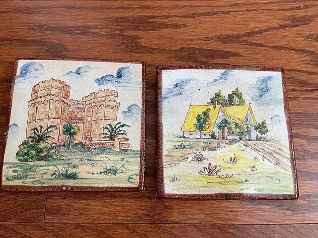 2 Provincial Hand Painted ~4.75x4.75x.5” Ceramic Tiles-Studio Art