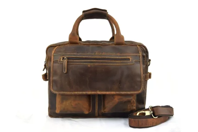 Mens Office Briefcase Buffalo Leather Messenger Bag Laptop Satchel Shoulder 16"