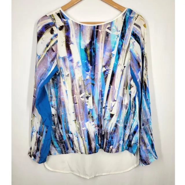 Rebecca Minkoff Blue Purple Abstract Print Silk Long Sleeve Top 4 High Low