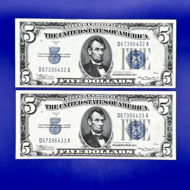 Lot of 2 1934 A Sequential $5 Five Dollar Blue Silver Certificates Uncirculated