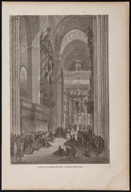 1865 - Intérieur de la cathédrale de Séville - Gravure ancienne - Gustave Doré