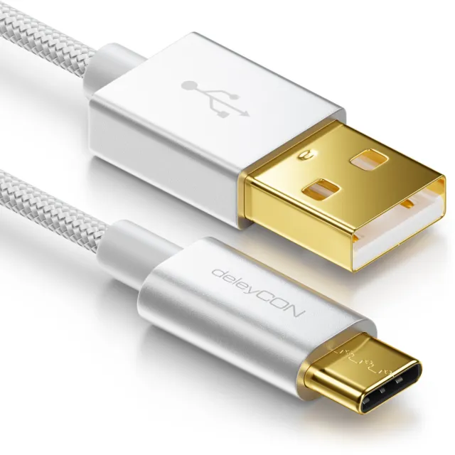 deleyCON 2m USB Kabel mit C Stecker 3.1 Stecker Nylon USB Ladekabel Datenkabel