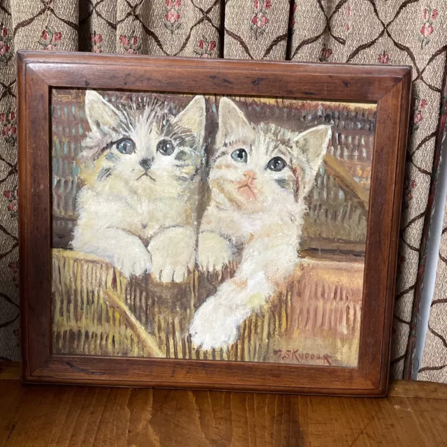 Antique Painting Kittens Basket Antique Frame 11" by 10" Signed by Artist