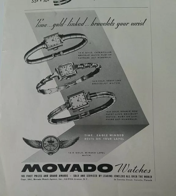 1941 Movado womens 14kt gold eagle winged lapel pin watch vintage ad