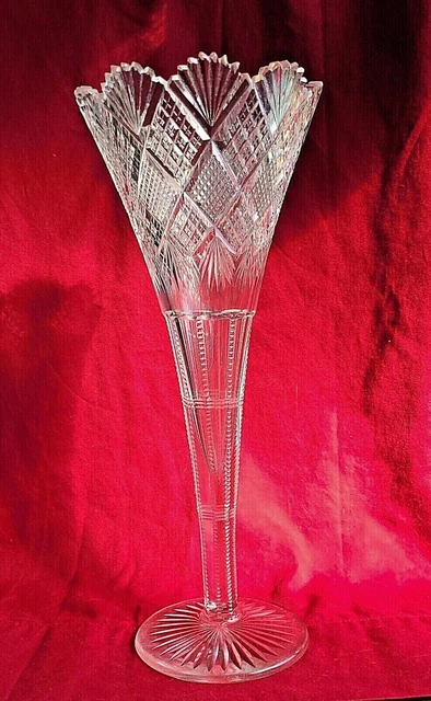 ABP American Brilliant Cut Glass Large Heavy Trumpet Vase 12.5” Diamond Fan