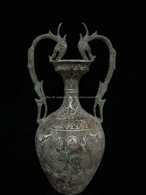 12'' old bronze mold casting sculpture ancient inlaying silver dragon pot jar