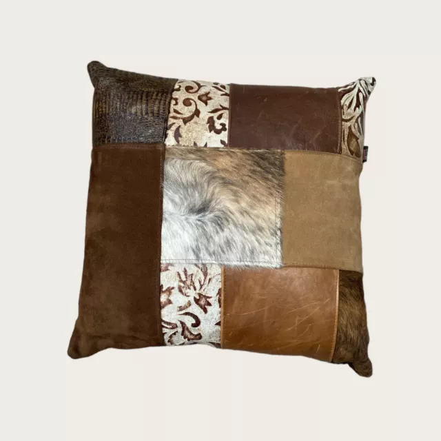 Brown Leather, Tooled Leather, Suede & 100% Hair On Hide 18"x18" Patch Pillow