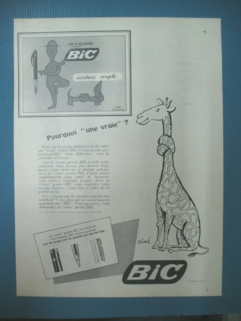 PUBLICITE DE PRESSE BIC STYLO OINTE BILLE ILLUSTRATION SINé ET SAVIGNAC AD 1958
