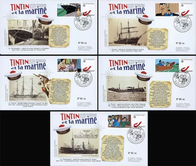 TIN12-COL1 Série 5 FDC BELGIQUE "TINTIN et LA MARINE" Poste Belge Angoulème 2012