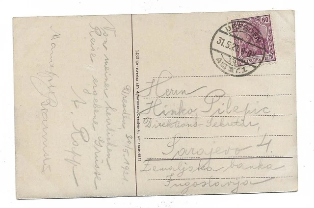 GERMANY 1921s POSTCARD FROM DRESDEN TO SARAJEVO/PAID 60 Rp GERMANIA-WAR SERIES