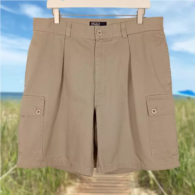 Polo Ralph Lauren Mens Pleated Cargo Shorts Khaki Cotton Twill Vintage Size 36
