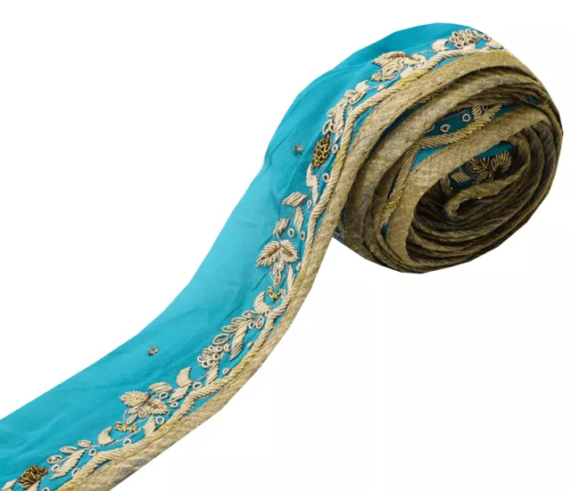 Sushila Vintage Blue Pure Silk Saree Border Craft Sewing Trim Hand Beaded Lace