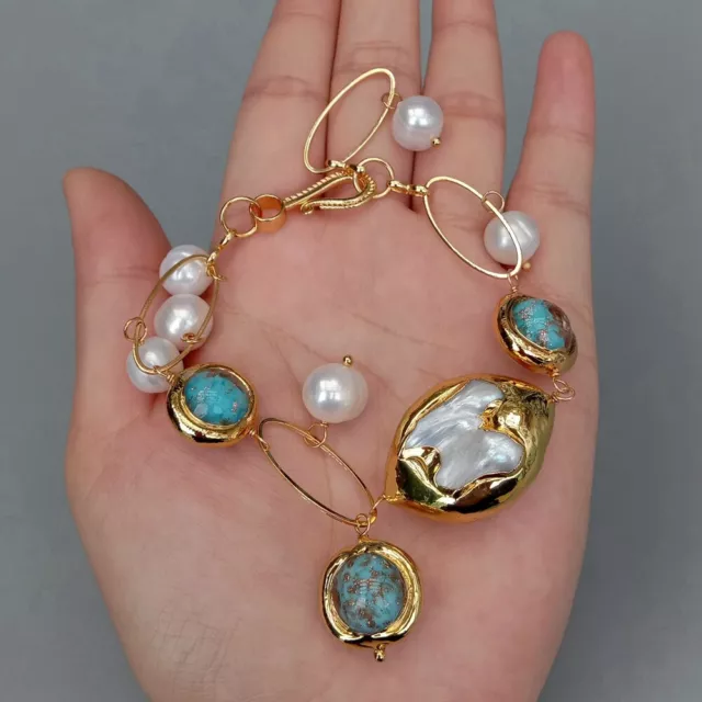 Blue Murano Glass Gold Plated Mother Of Pearl Shell Cultured Pearl  Bracelet