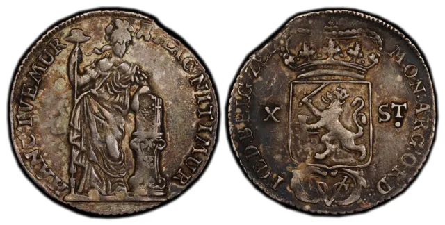 NEI 1791 AR 10 Stuivers, 1/2 Gulden. PCGS AU50 VOC monogram. KM 157