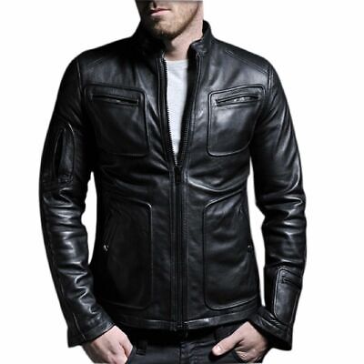 Classic Mens Genuine Lambskin Real Leather Stylish Black Jacket Motorcycle #S1