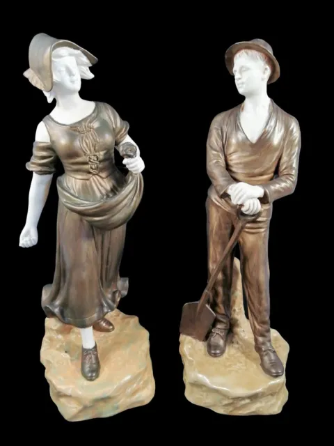 Antike Art Nouveau Bernard Bloch Schoop Porzellan Paar Figur Bauer Landwirt