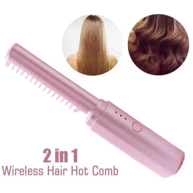 Hair Straightener Brush Straightening Curler Hot Comb Portable USB Recharge SALE