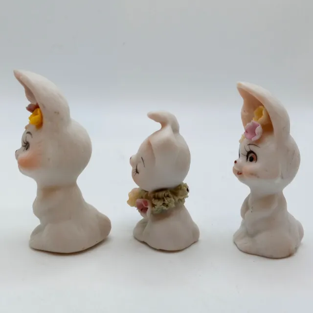 Three Bunny Rabbit Figurines Flowers Set Anthropomorphic Collectible Spring East 3