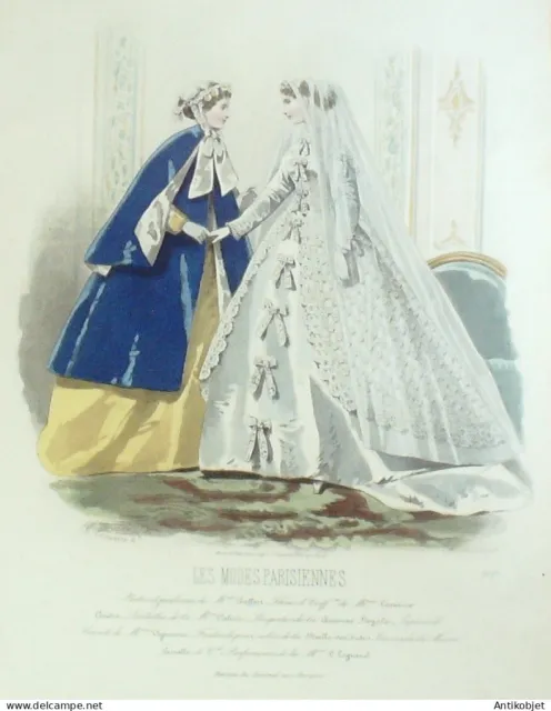1866 Parisian Fashions Engraving N°1237 Wedding Dresses & Velvet Cloak Trimmed
