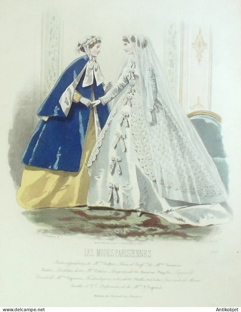 1866 Parisian Fashions Engraving N°1237 Wedding Dresses & Velvet Cloak Trimmed