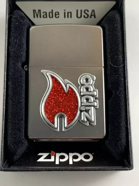 ZIPPO 2016 ZIPPO RED SPARKLE FLAME EMBLEM SATIN CHROME LIGHTER in box