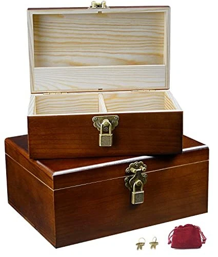 Wooden Storage Box Decorative Boxes with Lock and Keys Set of 2 Large Wood