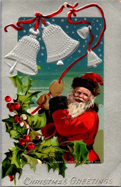 Antique Christmas Postcard Santa Claus Red Robe Fur Lined Hat Silver Bells 403