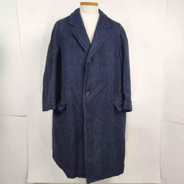 Vintage 1960s E. V. Price Blue Herringbone Over Coat Mens Size L/XL