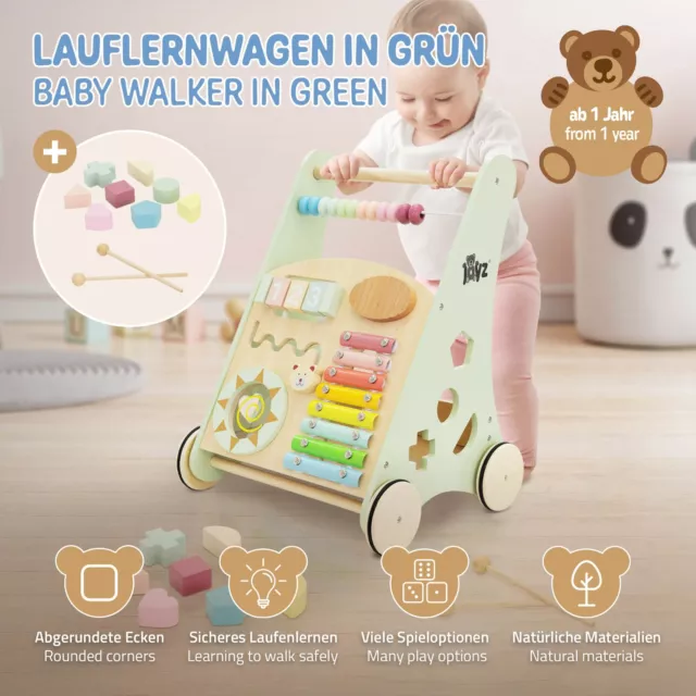 Andador de aprendizaje juguete carrito de madera verde para bebé/niño 12+ meses 2