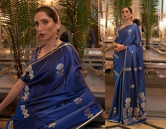 Purplish Blue Pure Satin Weaving Sona Rupa Zari Butti Sarees