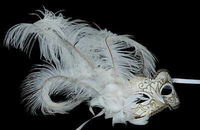 Mask from Venice Colombine Heart IN Feathers Ostrich White Golden 1024 S13B 3