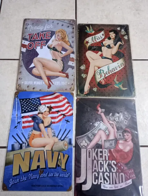 4 x  Pin Up Garage METAL SIGNS Job lot. A4 size 30 x 2O cms. Clear out all new