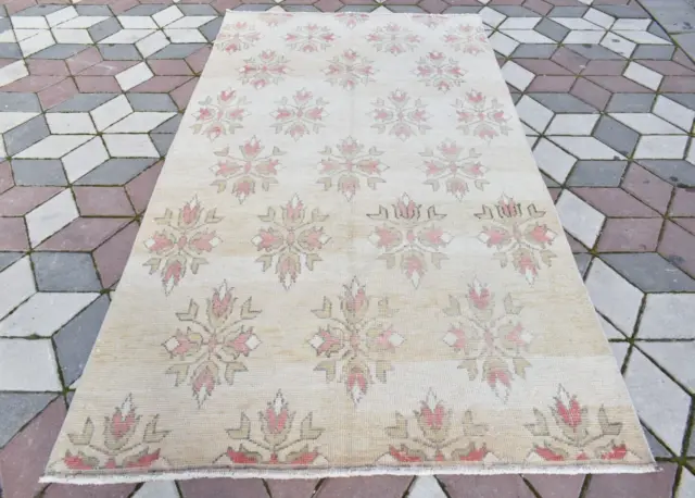 Vintage Turkish Rug 56'' x 107'' Anatolian Muted Dye Oushak Low Pile Area Carpet