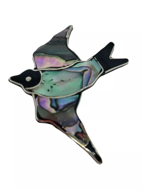 Abalone Inlay Sterling Silver Bird Brooch Flying Bird Pin Green Blue Pink Inlay