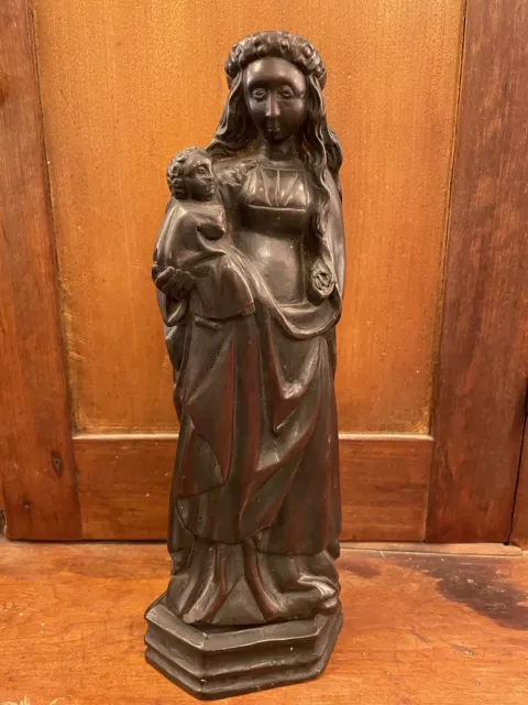 Antique Flemish 19th Century Hand Carved Wood Madonna & Child Sculpture