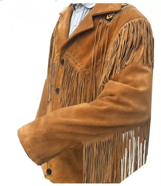 Men Native American Western Cowboy Leather Jacket with Fringe & Bead Art Work.