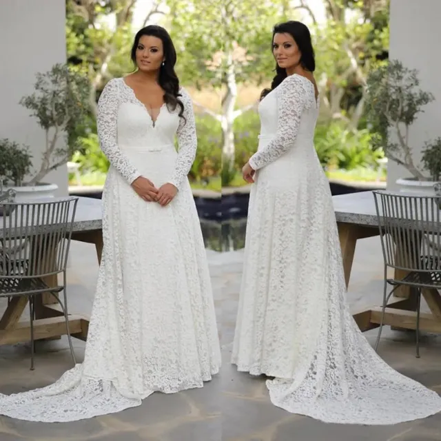 Plus Size Lace Wedding Dresses V Neck A Line Long Sleeves Bride Gown Sweep Train
