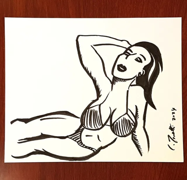 CHRIS ZANETTI Dibujo a Tinta Original Dibujo Arte Mujer BIKINI Niña Pinup 7x5 Firmado