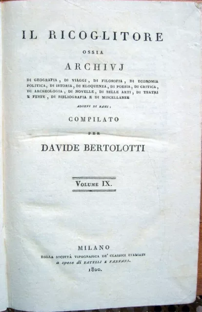 1820 – Bertolotti, Il Ricoglitore – Letteratura Foscolo Viaggi Lago Maggiore